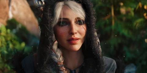 Ciri from the Witcher 4 with hood up in forest