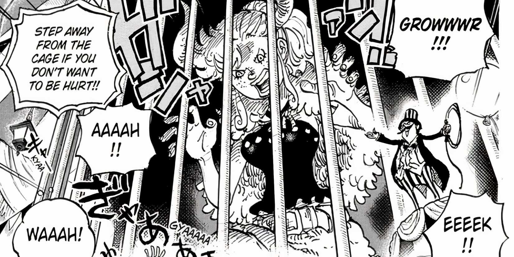 Ida is inside a cage, acting like a monster.