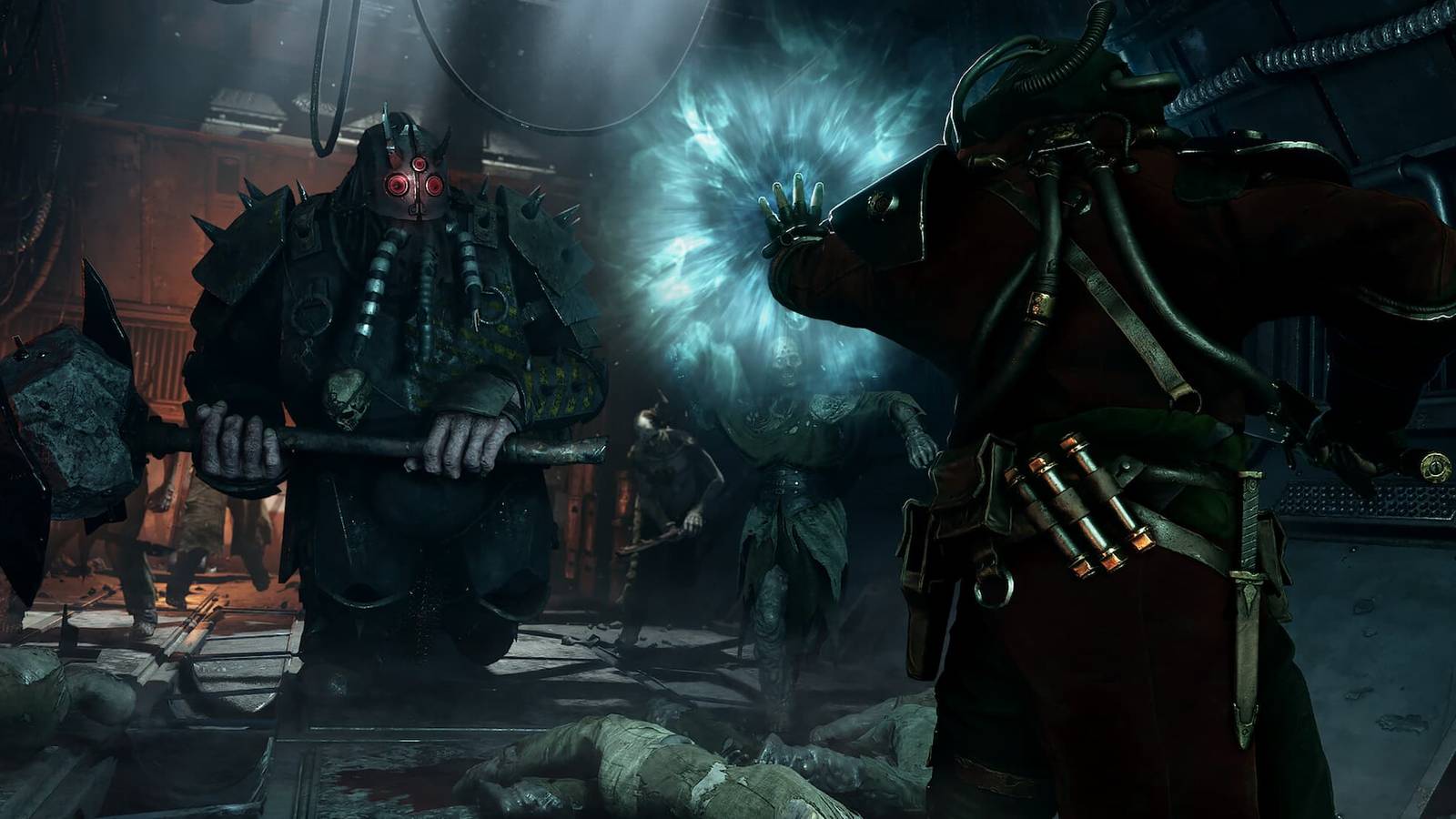 Darktide Psyker fighting Crusher