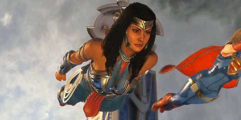 Wonder Woman and Supergirl flying through the sky in Injustice 2