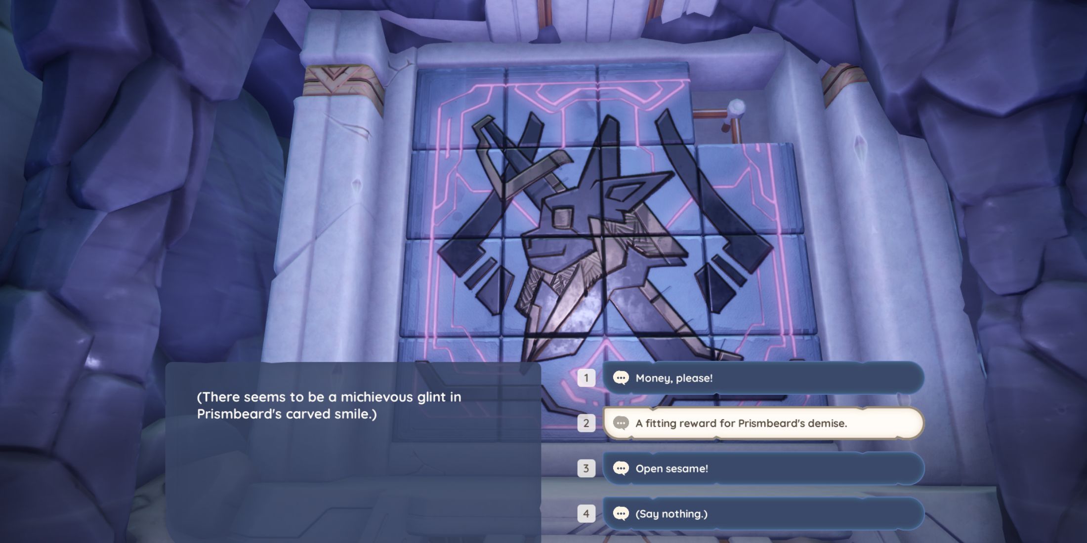 Interacting with the Prismbeard statue in Palia Prismbeard's Lost Treasure quest