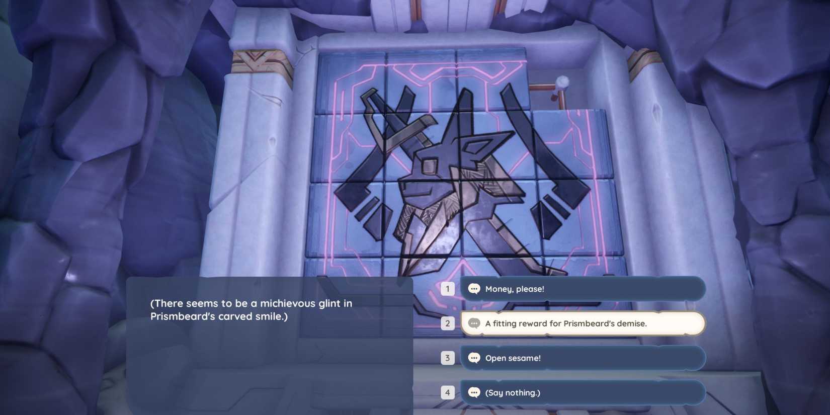 Interacting with the Prismbeard statue in Palia Prismbeard's Lost Treasure quest