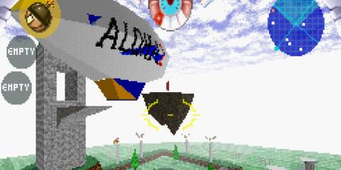 Jumping toward a blimp in Jumping Flash 