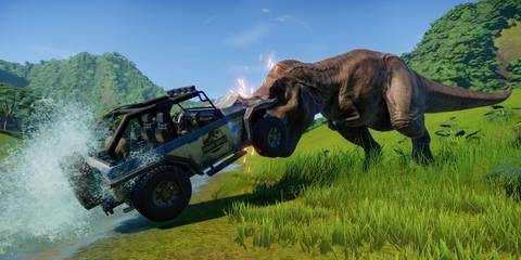A T-Rex attacking the ranger in Jurassic World Evolution 2