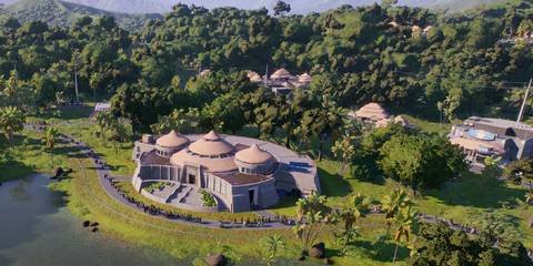 Aerial view of a park in Jurassic World Evolution 2