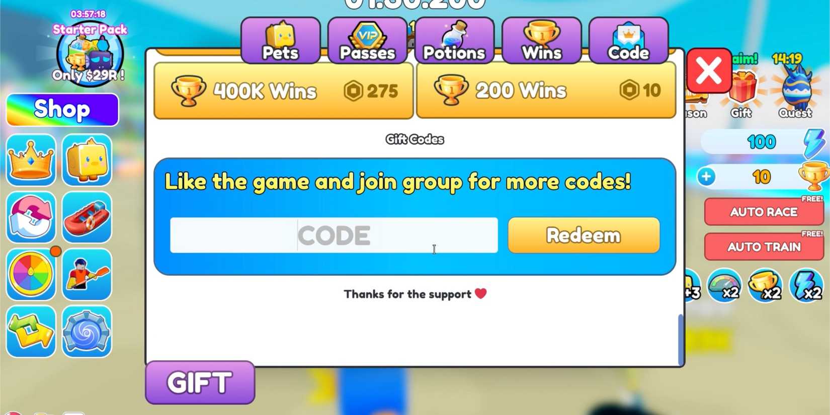 Kayak Racing the codes tab