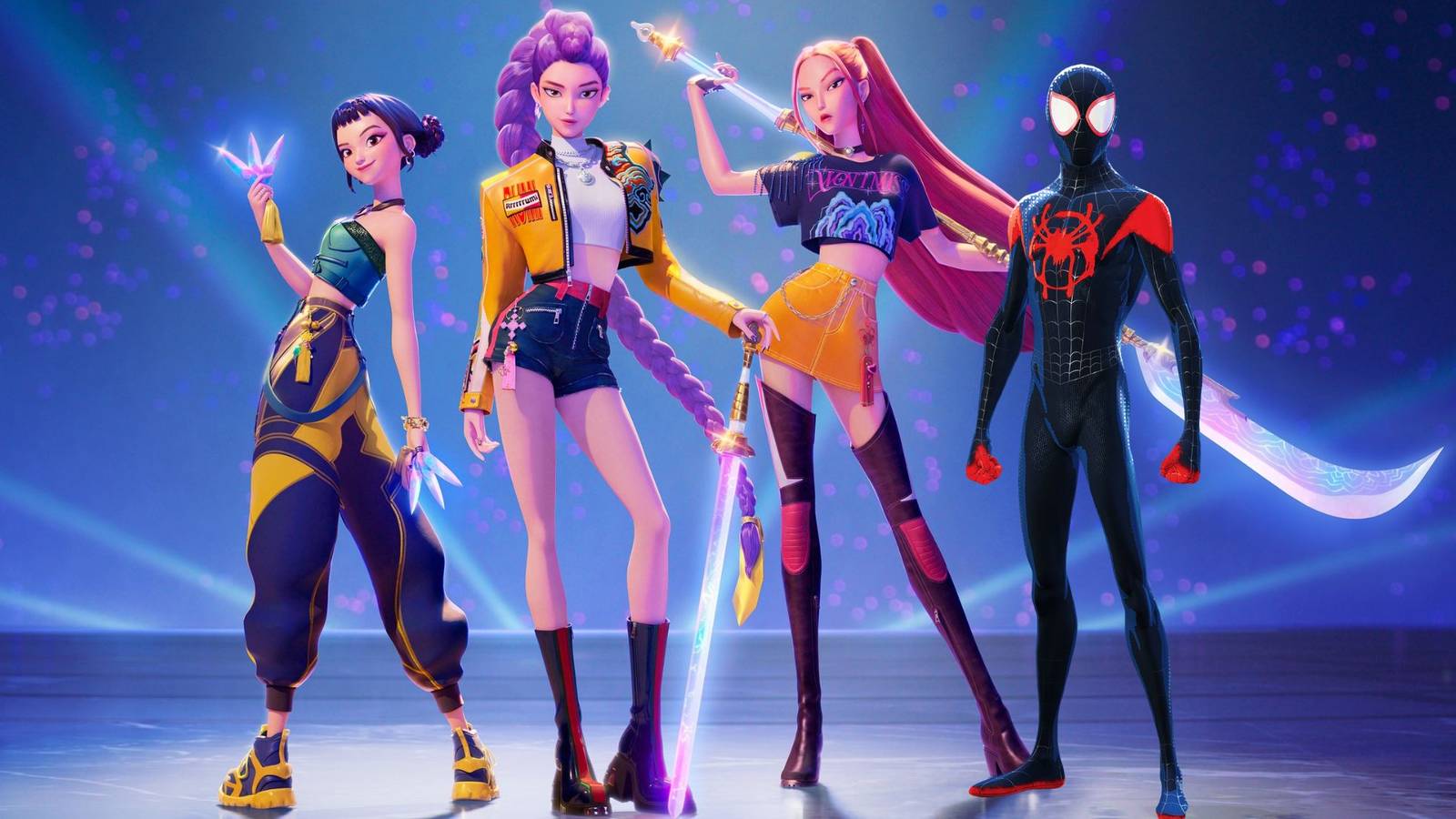 A collage of Miles Morales from Spider-Man: Into the Spider-Verse alongside Rumi, Zoey and Mira from KPop Demon Hunters
