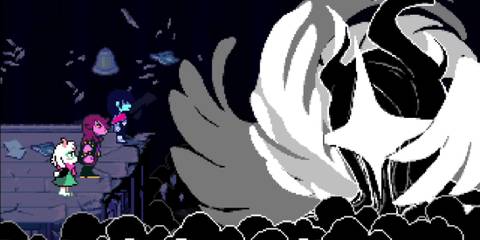Kris, Susie and Ralsei confront the Titan at the end of Chapter 4 - Deltarune