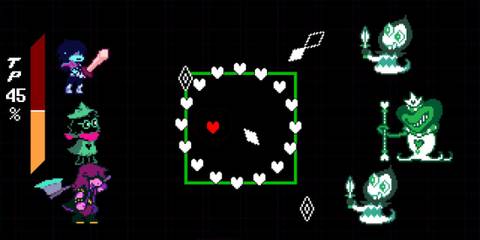 Kris, Susie and Ralsei fighting a bunch of enemies - Deltarune