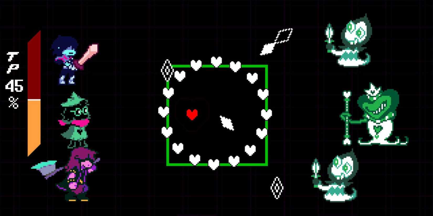 Kris, Susie and Ralsei fighting a bunch of enemies - Deltarune