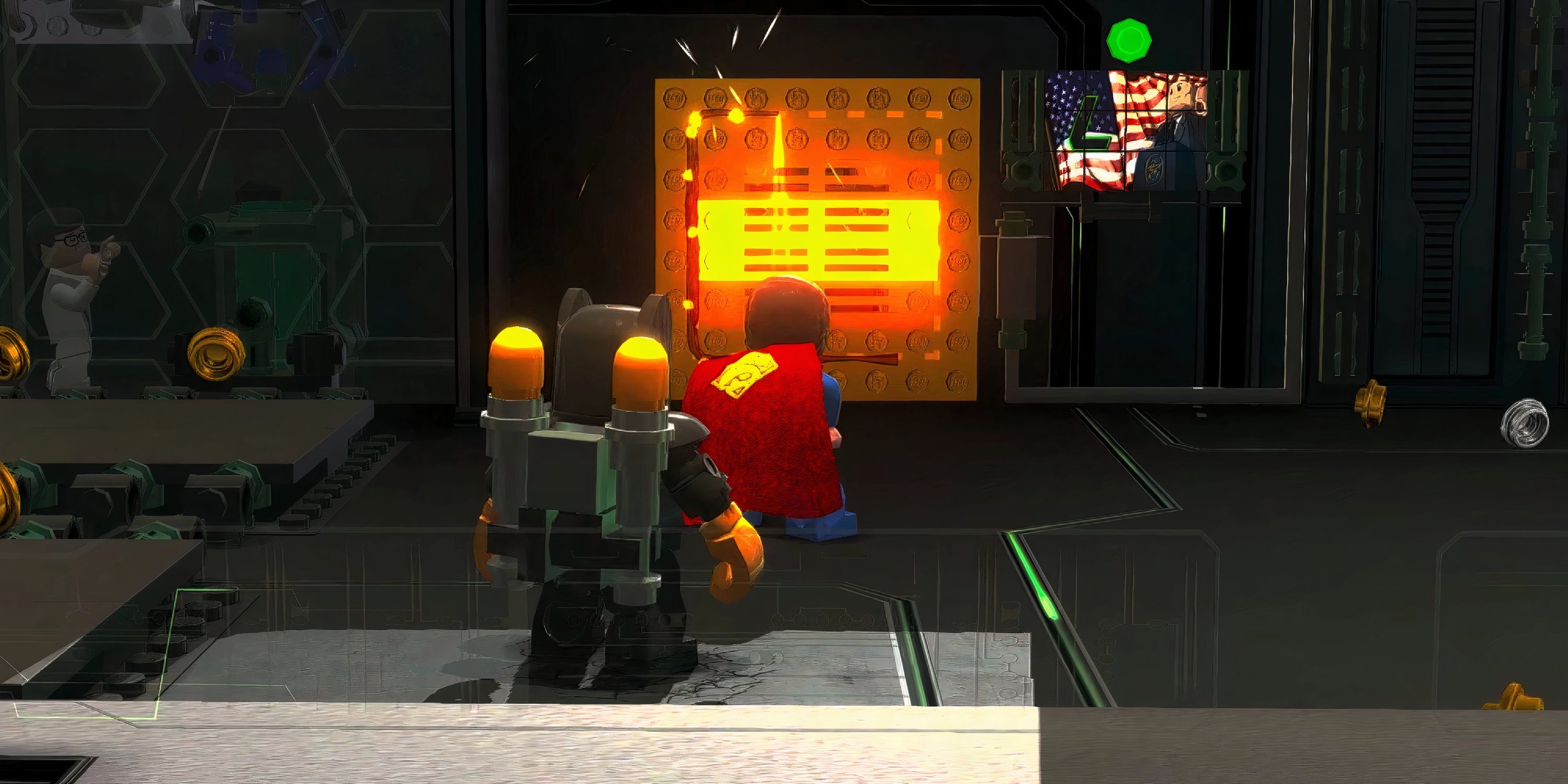 Superman using heat vision on a gold puzzle in LEGO Batman 2: DC Super Heroes
