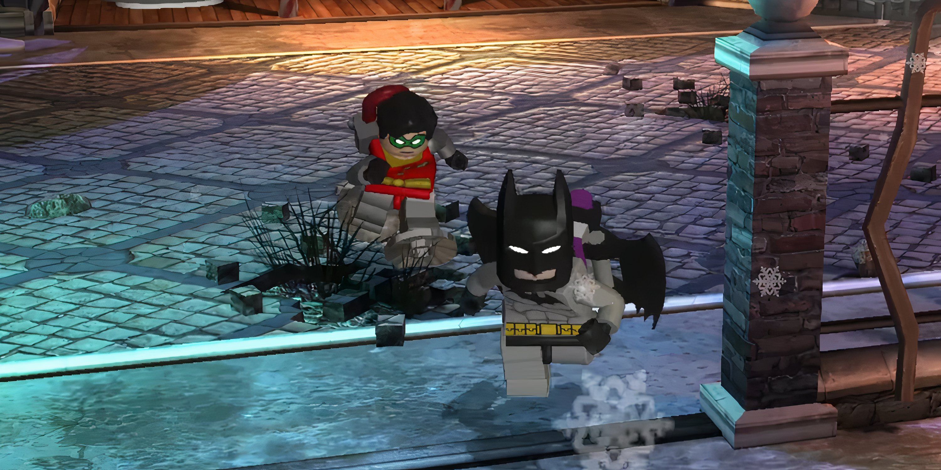Batman and Robin running through the zoo in LEGO Batman: The Videogame