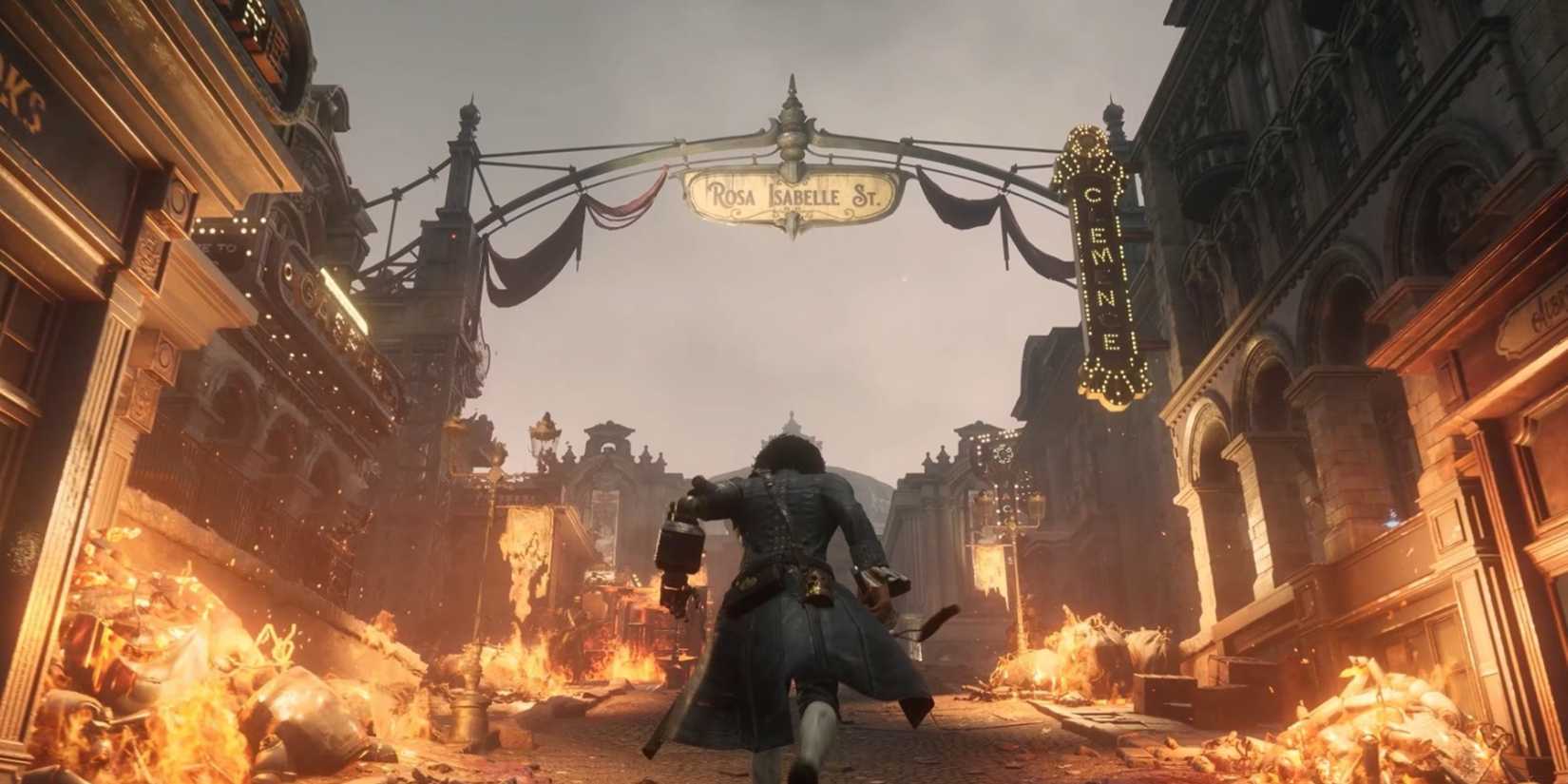 Lies of pinocchio running in a street set on fire