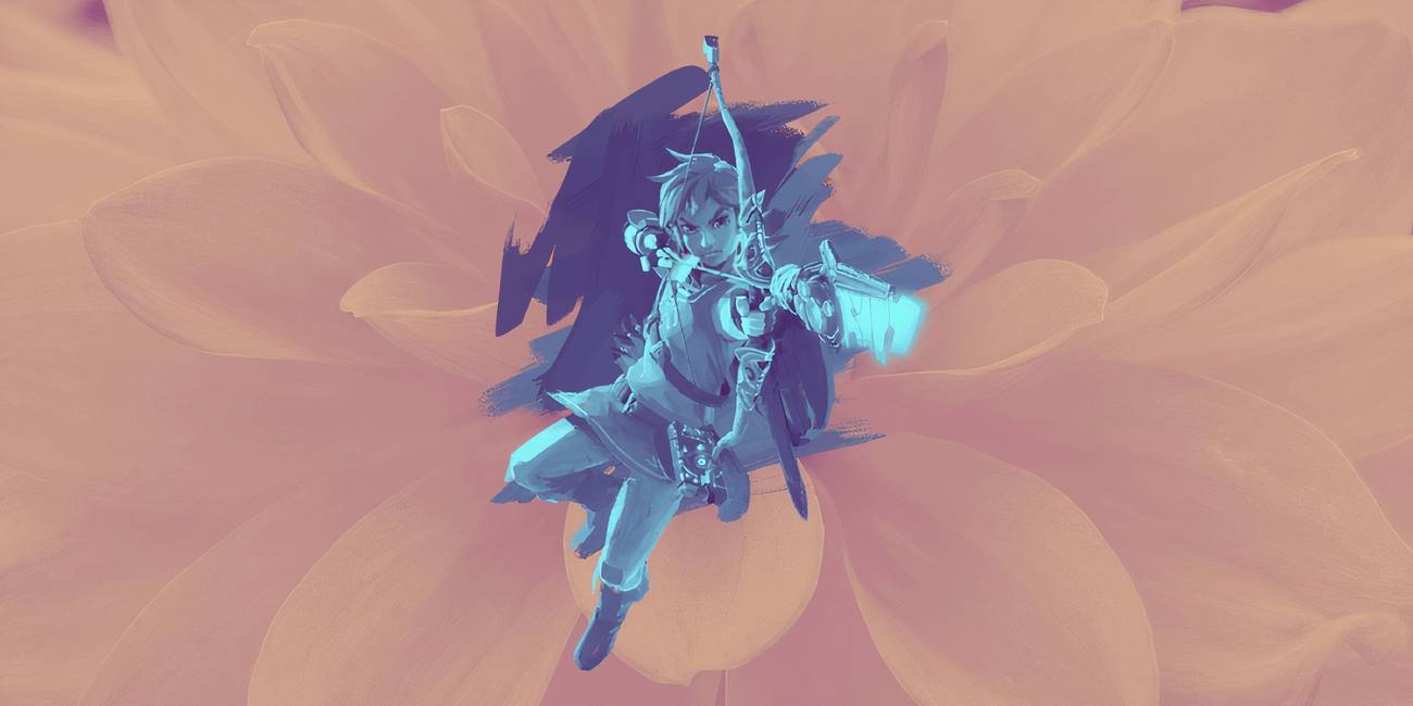 Light blue tinted Link from The Legend of Zelda Breath of the Wild over a pink floral background