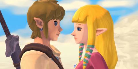 Link and Zelda looking at each other in the sky in Skyward Sword