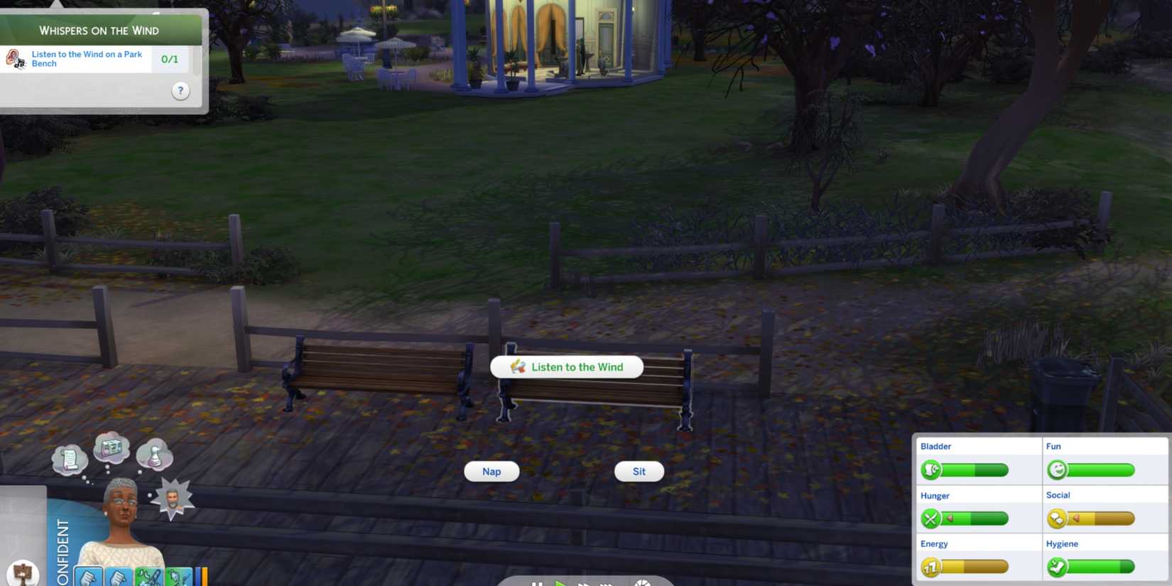 listen to the wind on a park bench the sims 4
