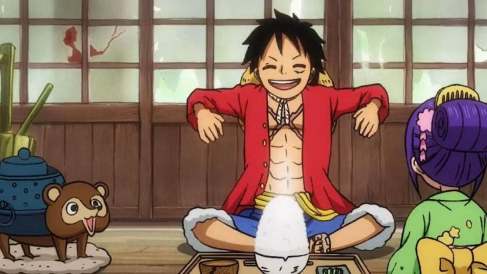 Luffy, Tama and Bunbuku eating rice together - One Piece