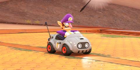 Waluigi in the Baby Blooper in Mario Kart World