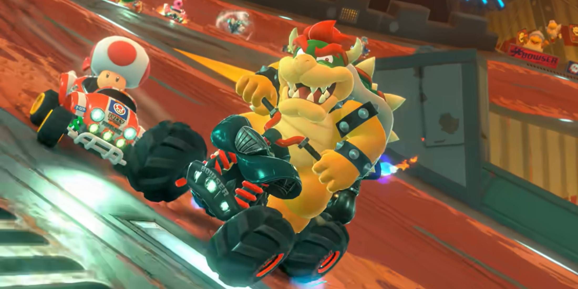 Bowser drifting ahead of Toad in Mario Kart World