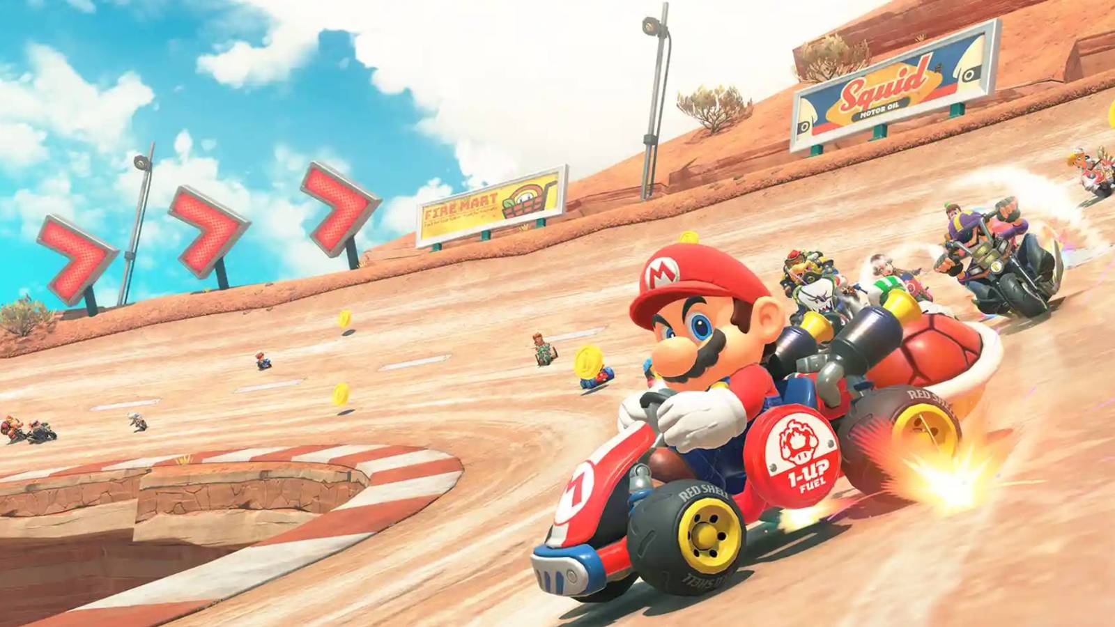 Mario in the lead in a Mario Kart World race