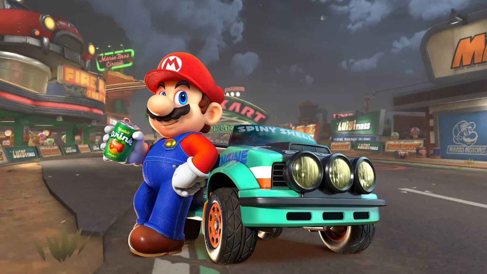 Mario at Mario Bros. Circuit with a drink and a kart from Mario Kart World
