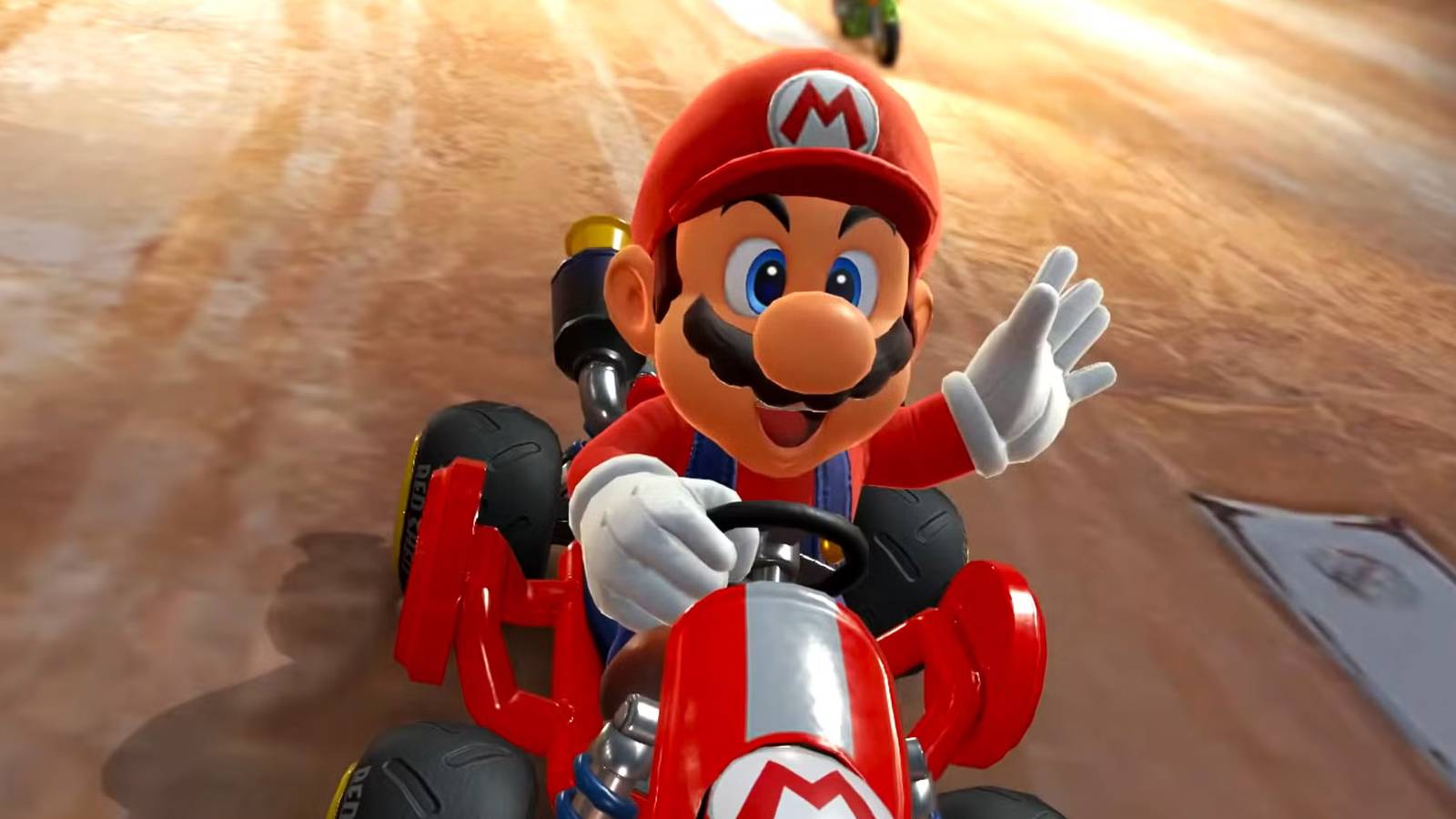 A screenshot of Mario riding in his red kart in Mario Kart World.