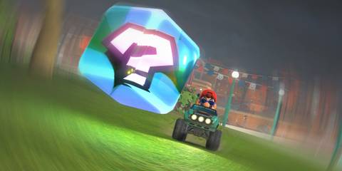 Mario Kart World mario driving toward item box with question mark radial blur edit