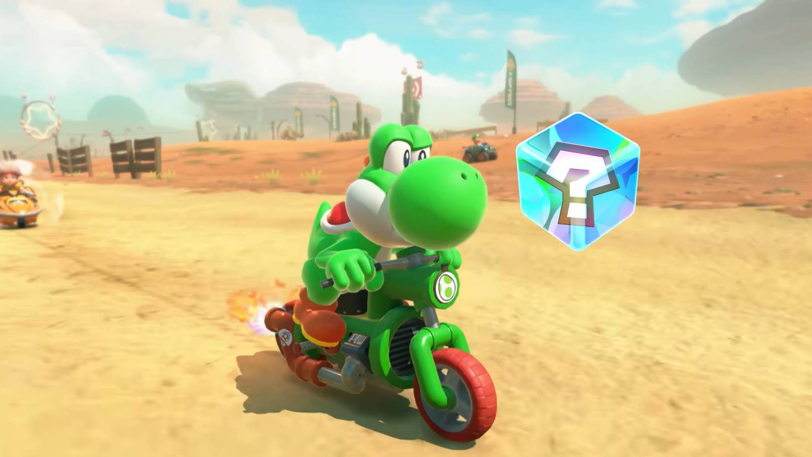 Yoshi from Mario Kart World's Nintendo Direct glaring at an item box