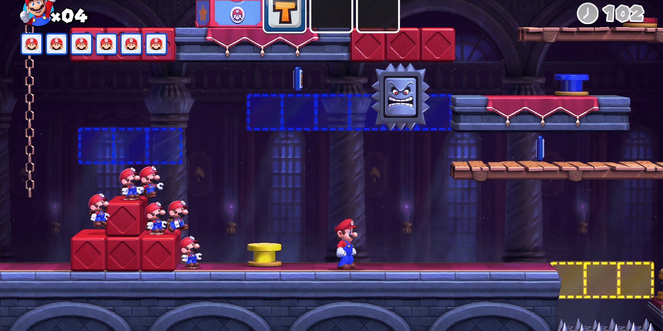 Mario leading toys in Mario vs. Donkey Kong (Switch)