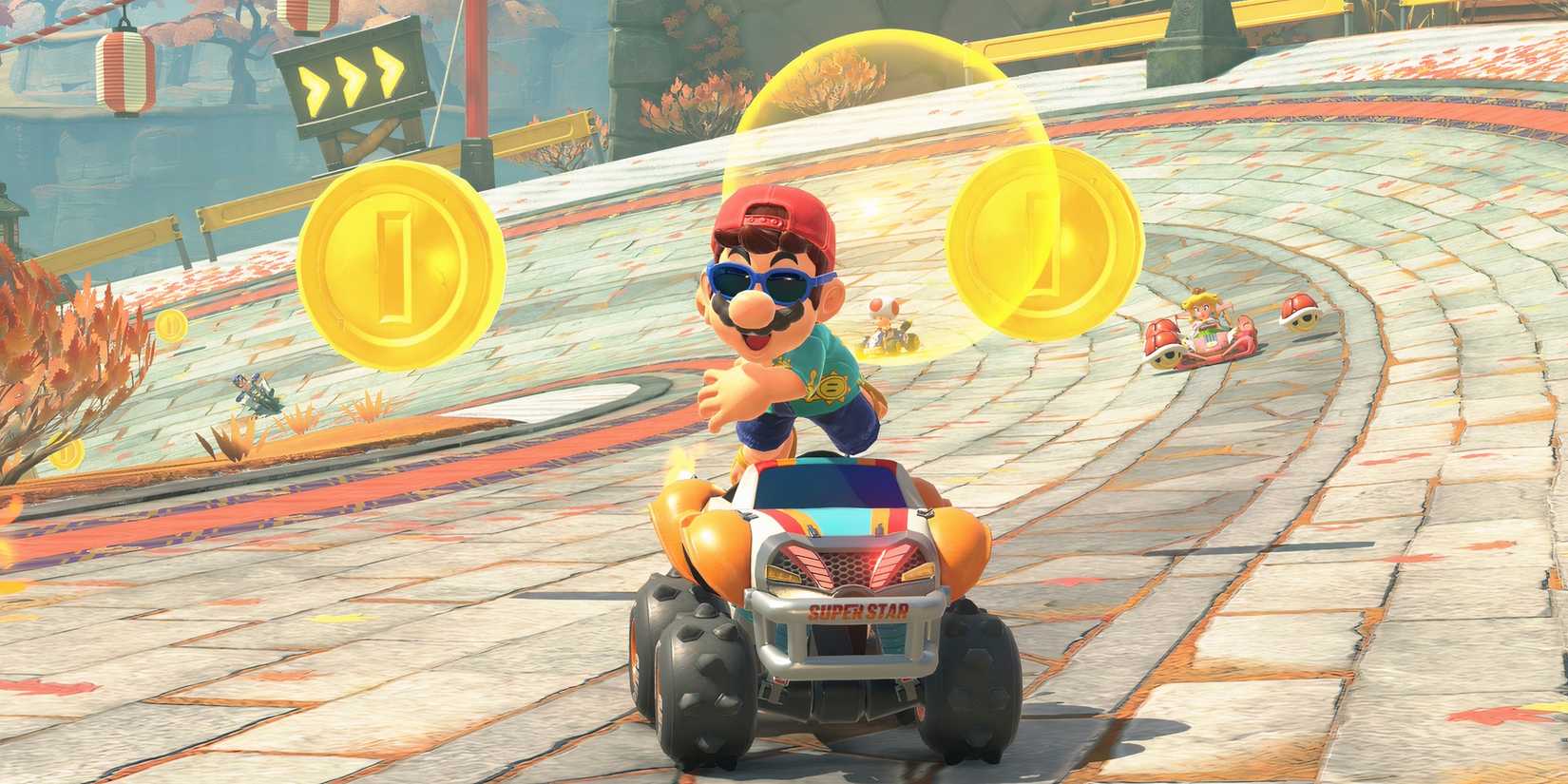 Mario throwing a shell in Mario Kart World