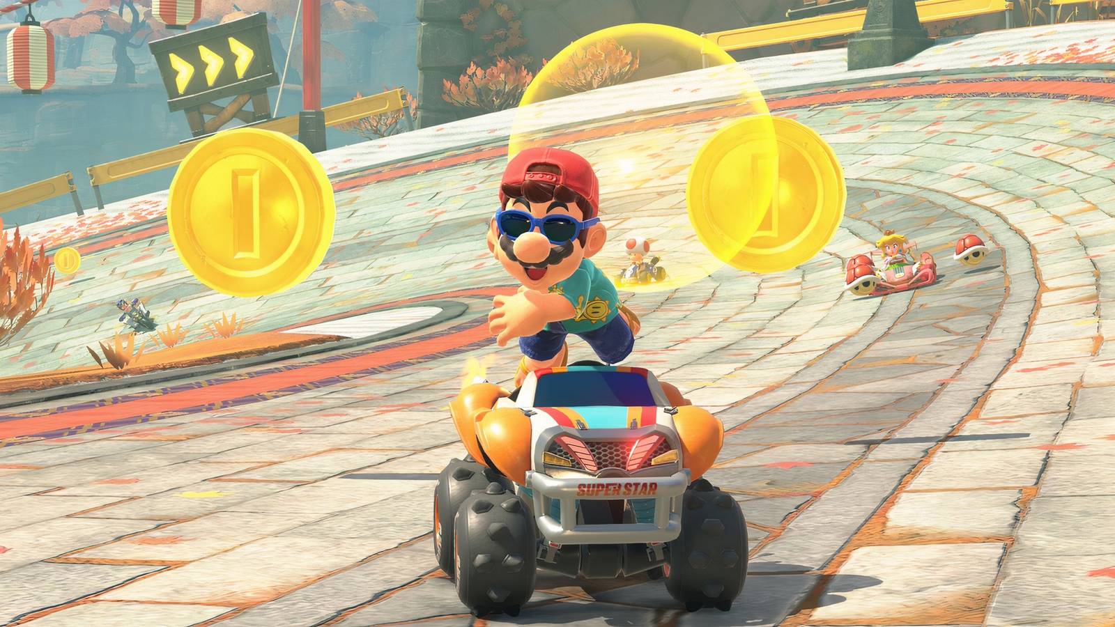 Mario throwing a shell in Mario Kart World