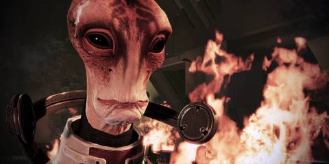 Mass Effect 3 Mordin smiling flames behind him
