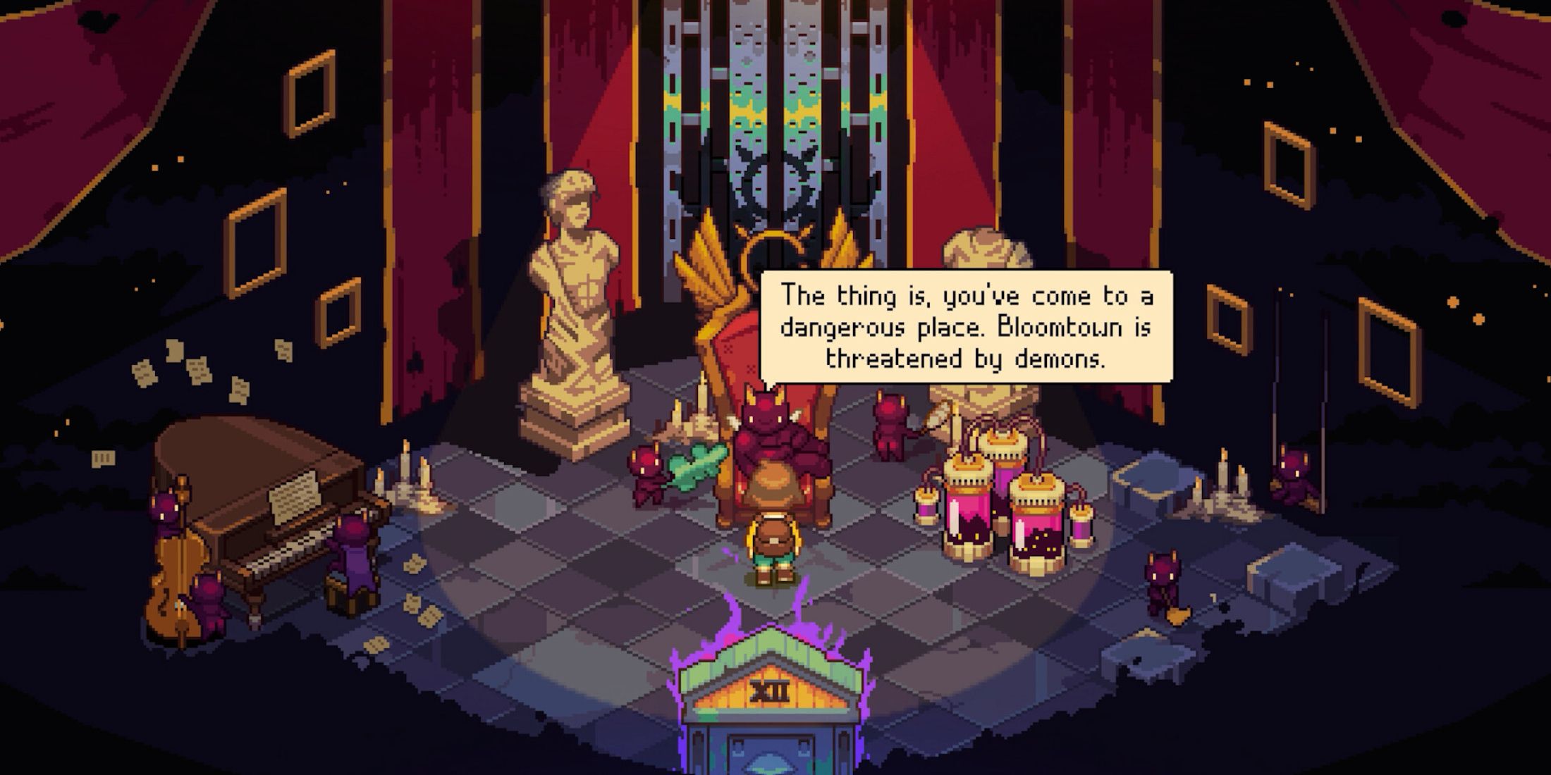 Meeting mysterious figures in Bloomtown, a top cozy game on Steam filled with secrets and atmosphere