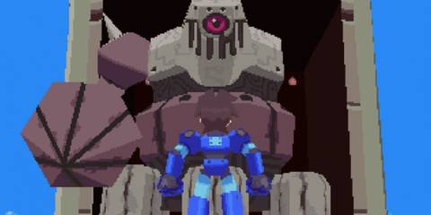 Mega Man facing a boss in Mega Man Legends