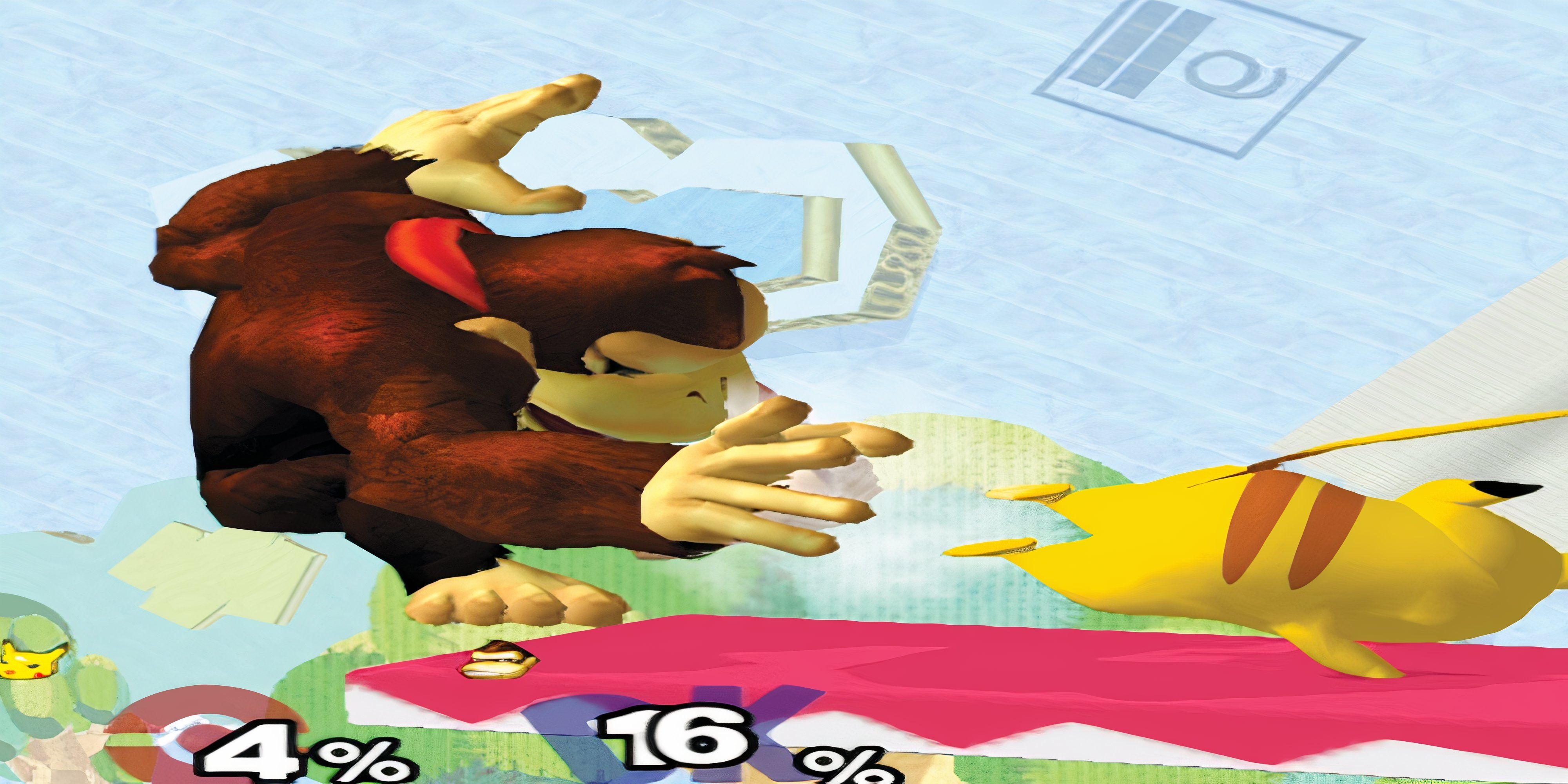 donkey kong fighting on a stage with pikachu in super smash bros. melee