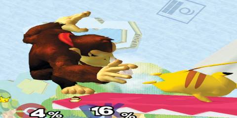 donkey kong fighting on a stage with pikachu in super smash bros. melee