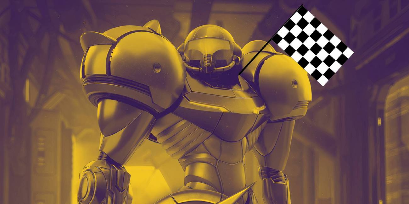 Metroid Prime Remastered Game Cover Tinted Gold With Race Finish Flag Emoji