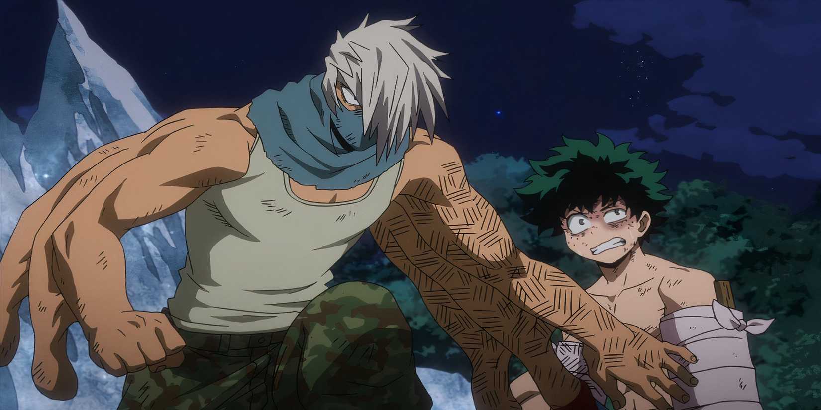 Mezo Shoji and Izuku Midoriya in a fight against the League of Villains in MHA