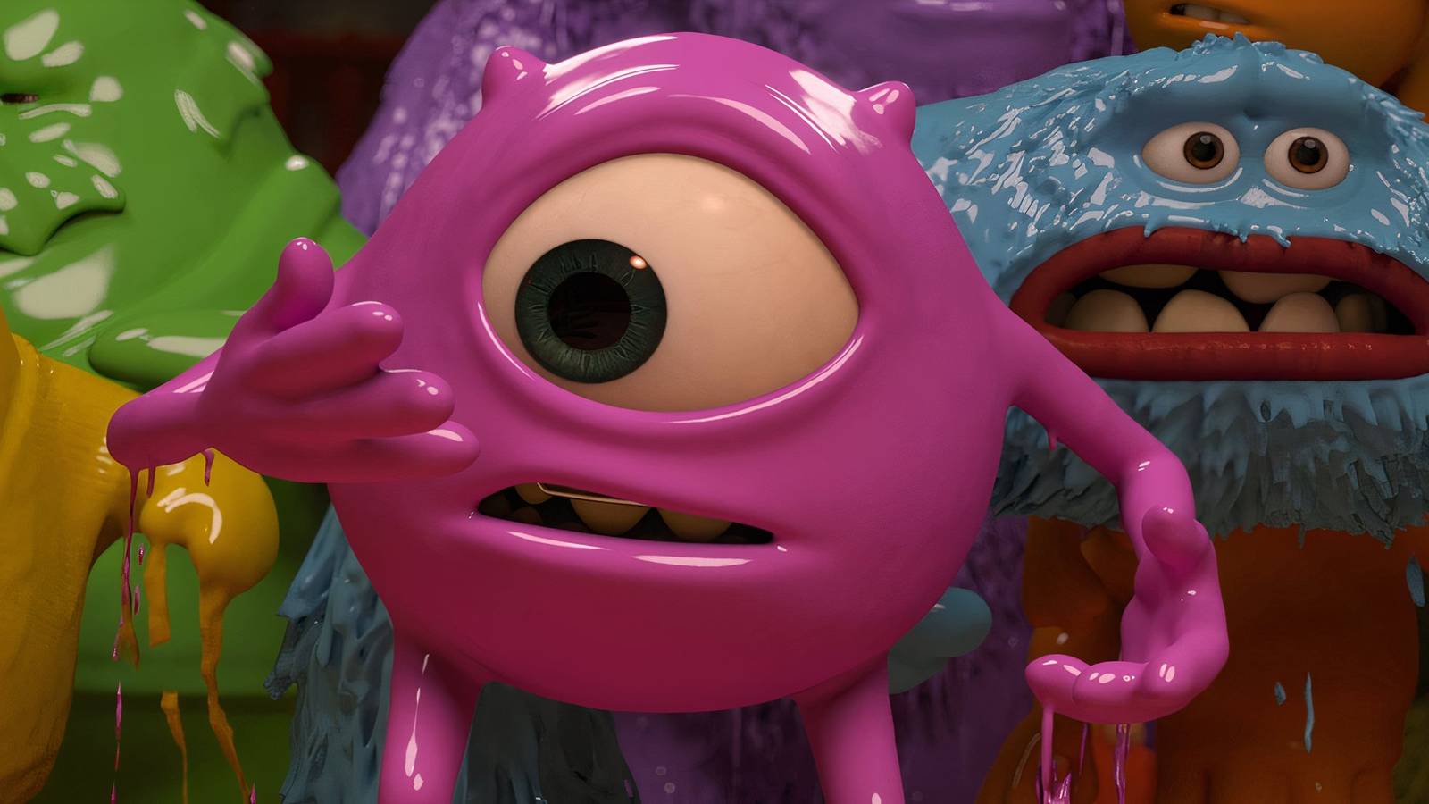 Mike Wazowski covered in pink paint in Monsters University
