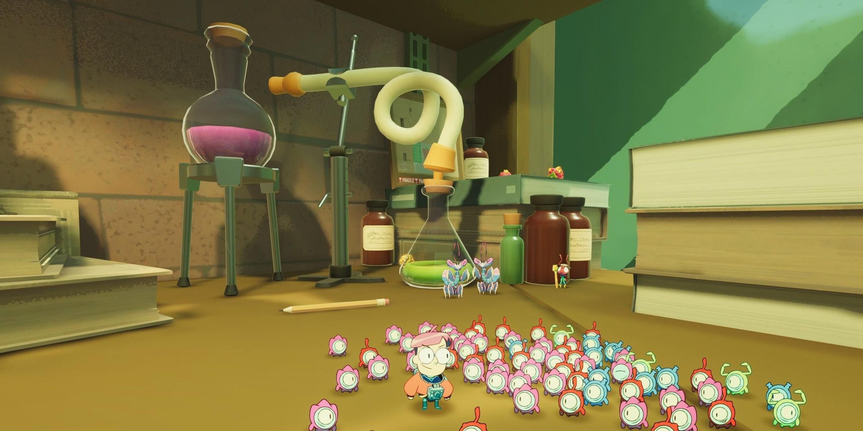 Milo and his Tinykin standing in front of multiple large beakers in Tinykin