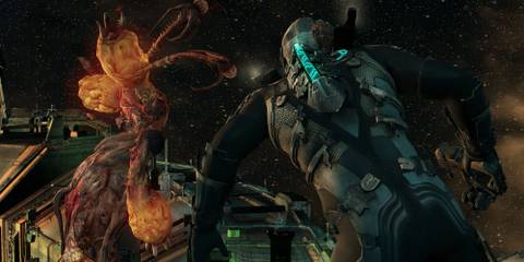 Fighting a large horror in Zero G in  Dead Space 2