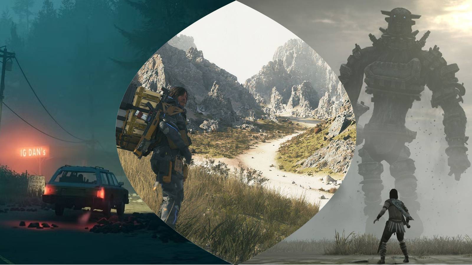 3-Way Split Image of Pacific Drive, Death Stranding 2, Shadow Of The Colossus