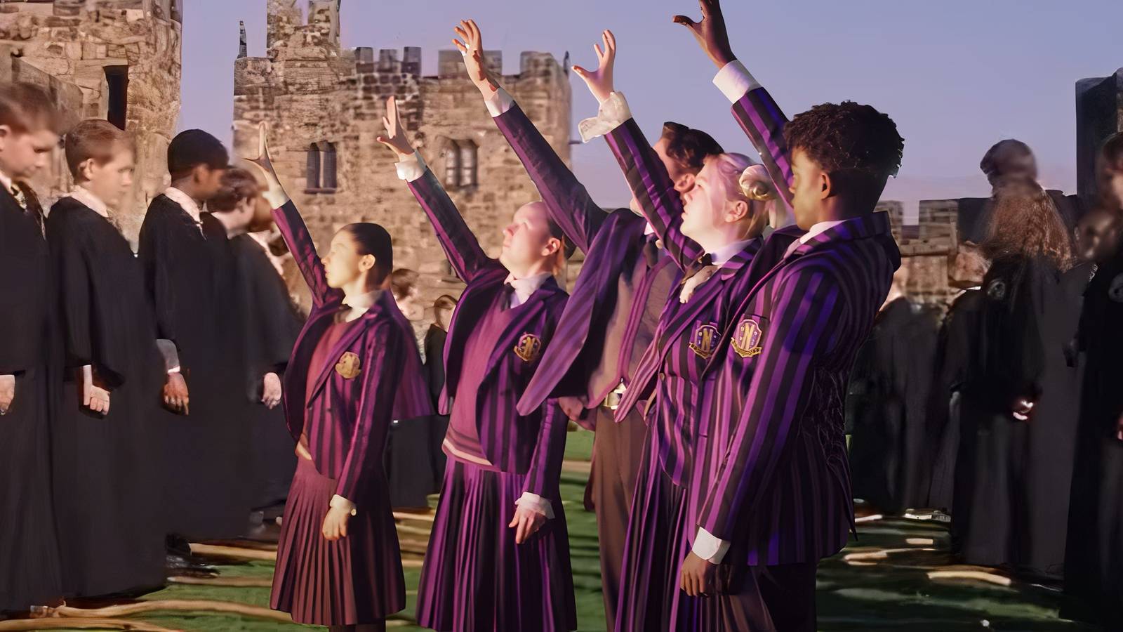Quidditch scene in Harry Potter and a mysterious scene in Wednesday.