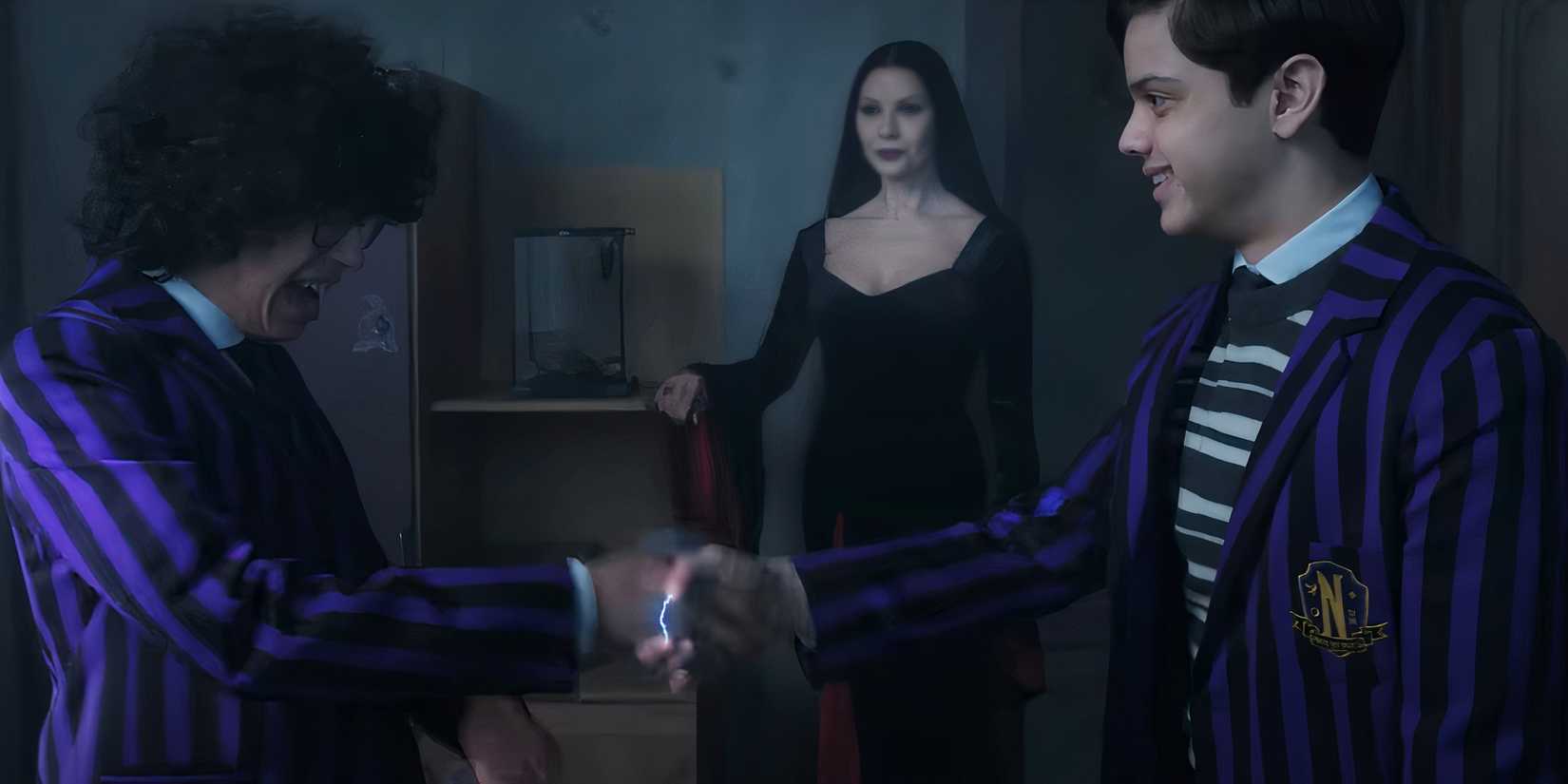 Eugene Ottinger Morticia and Pugsley Addams in Wednesday Season 2.