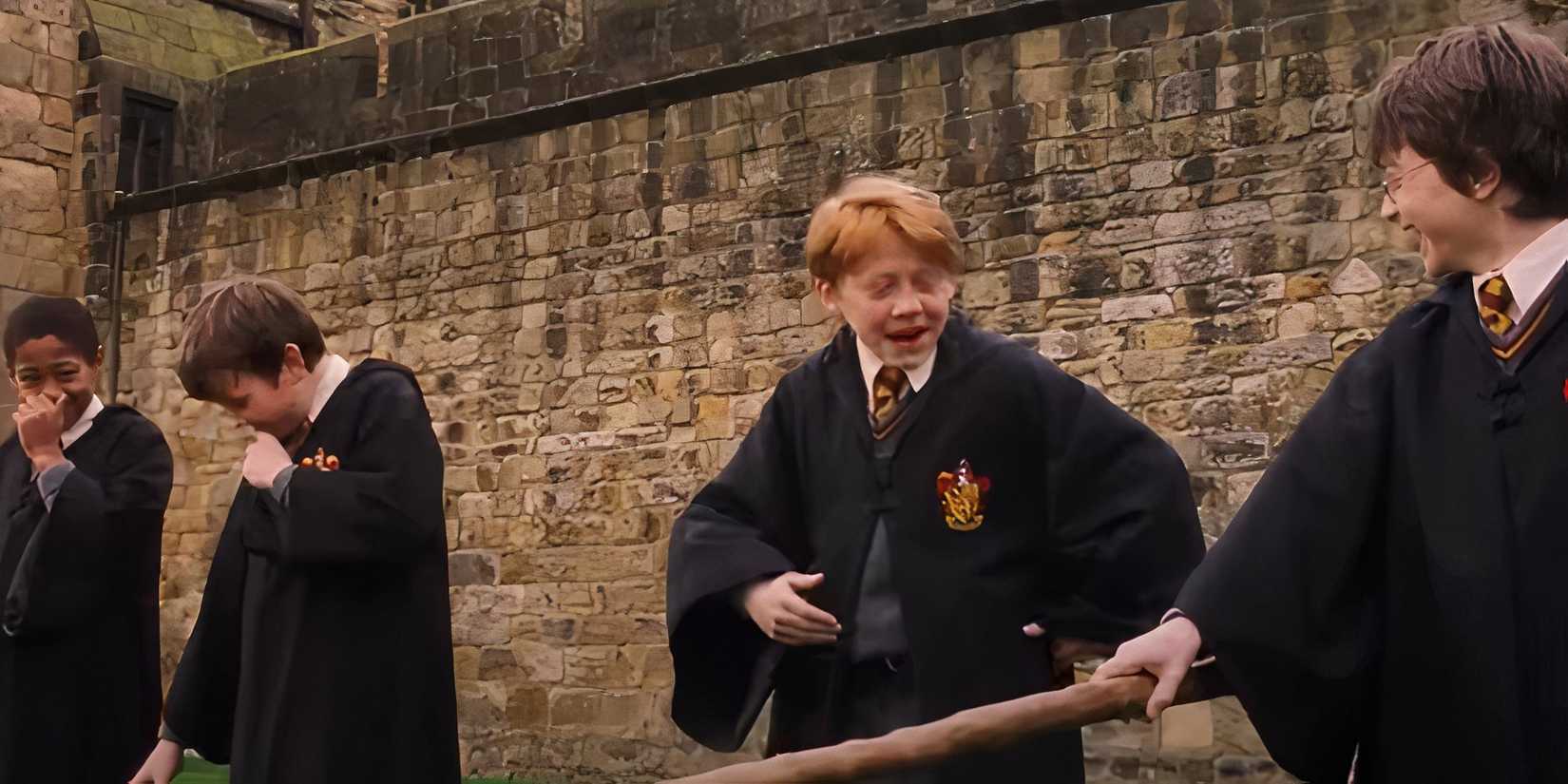 Harry Potter and his friends taking flying lessons in Harry Potter.