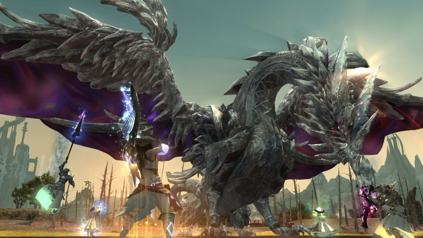 A party of characters battling a dragon in Final Fantasy 14