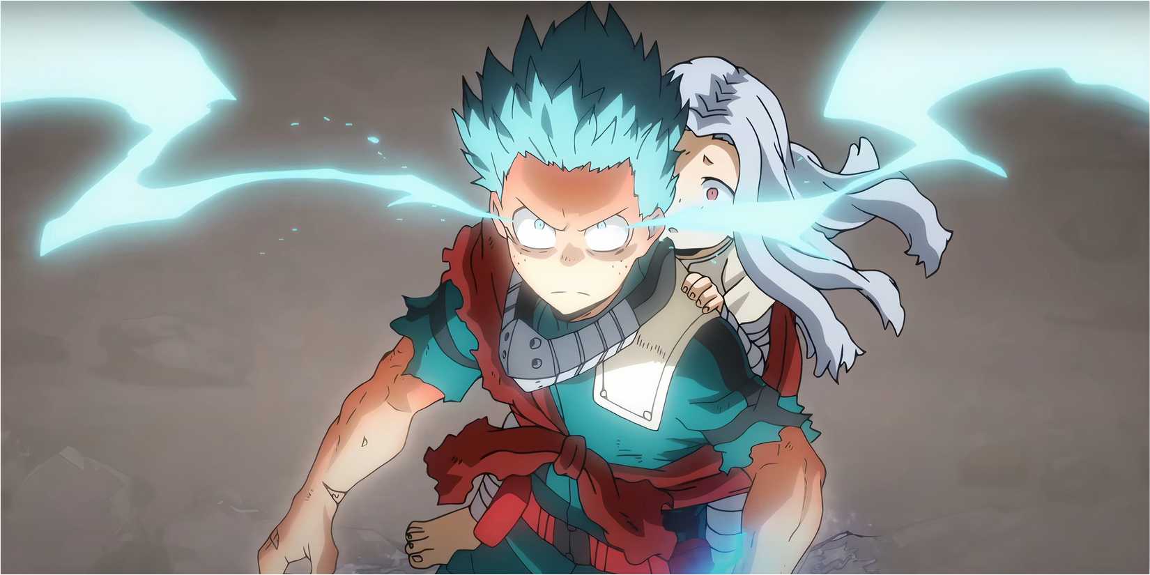Deku stands while Eri clings to his back.