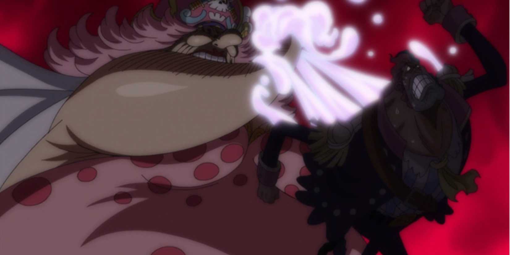 Big Mom draining the soul of her son, Moscato during a rampage in One Piece