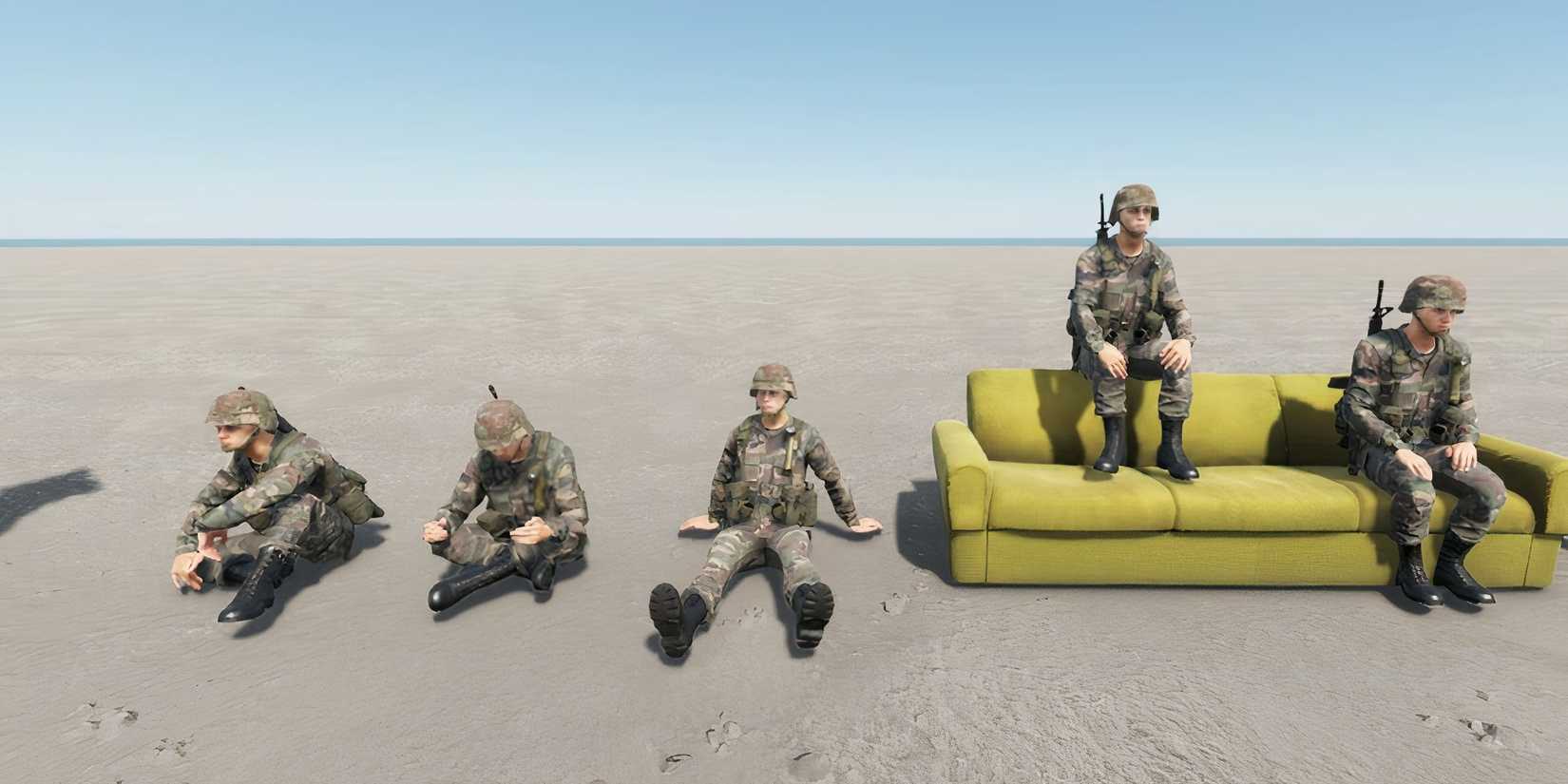Soldiers using a different variety of emotes. 