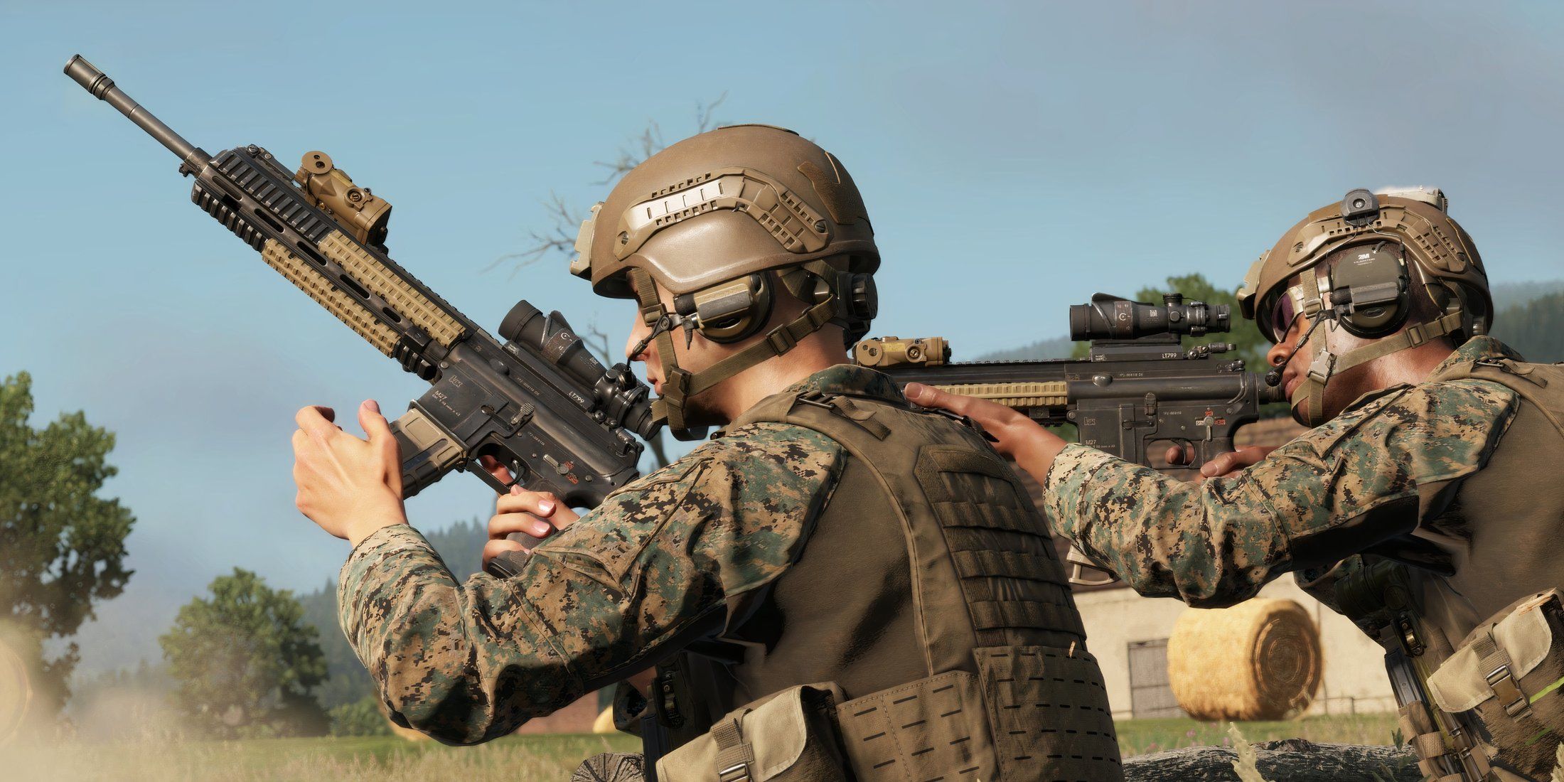 Marines shoot and reload their rifles in the RHS mod.